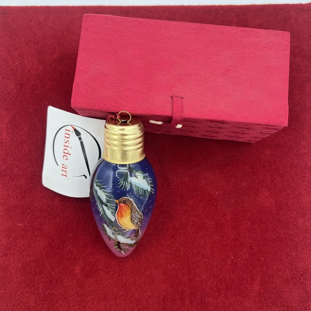 Christmas‎ ornament  INSIDE ART BY FIGI ROBIN BIRD LIGHT BULB ORIGINAL BOX
